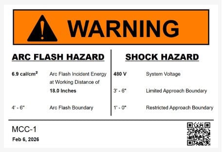 Warning label indicating arc flash and shock hazards, with specific energy, voltage, boundaries, and a QR code. Based on EasyPower arc flash analysis of power systems. Dated Feb 6, 2026, labeled MCC-1.