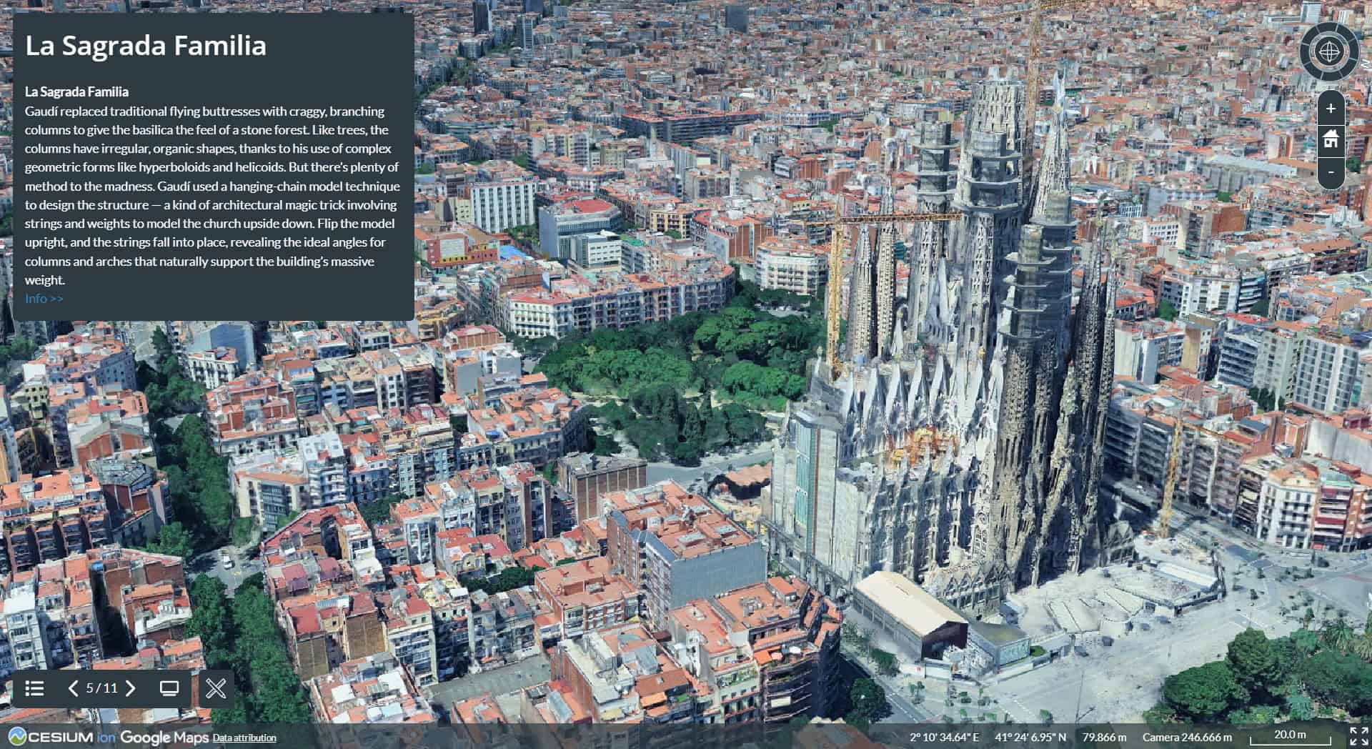 Aerial view of La Sagrada Familia basilica in Barcelona, surrounded by densely packed city buildings and streets.