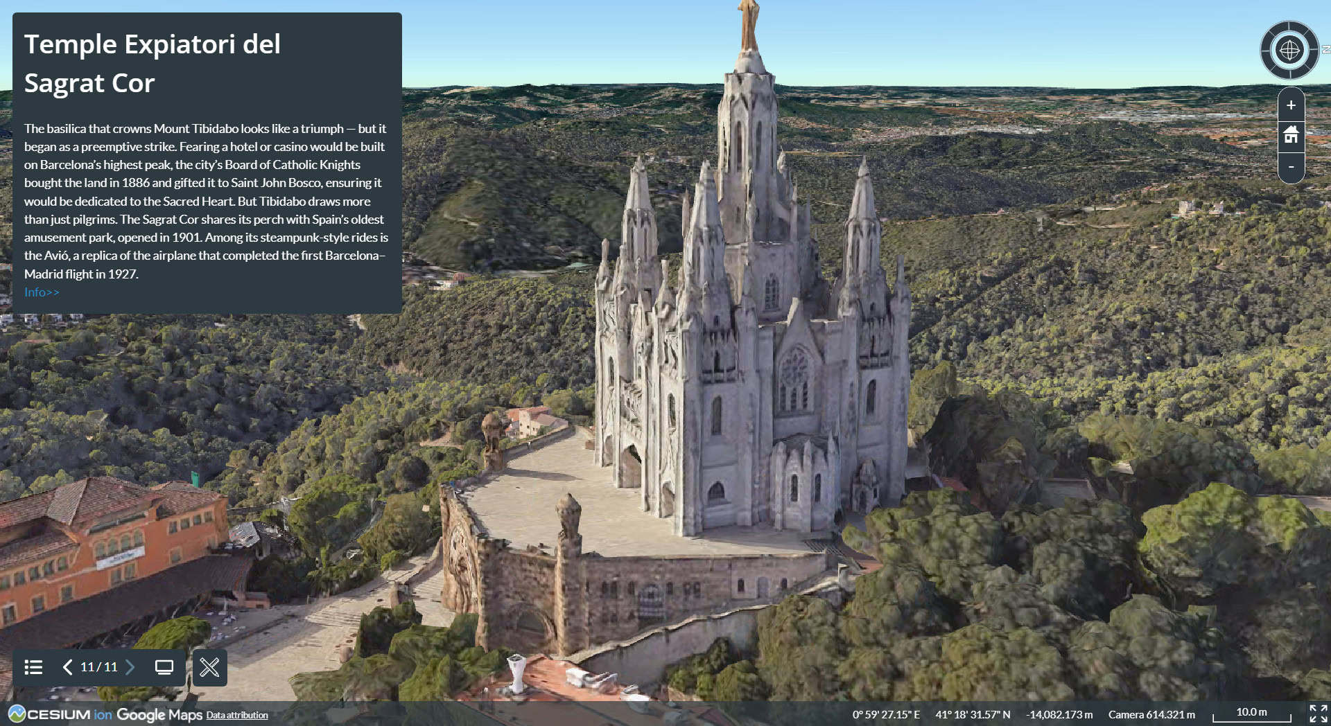 3D aerial view of the Temple Expiatori del Sagrat Cor, a large church with a statue atop its central tower, situated on Mount Tibidabo in Barcelona, surrounded by trees and stone terraces.