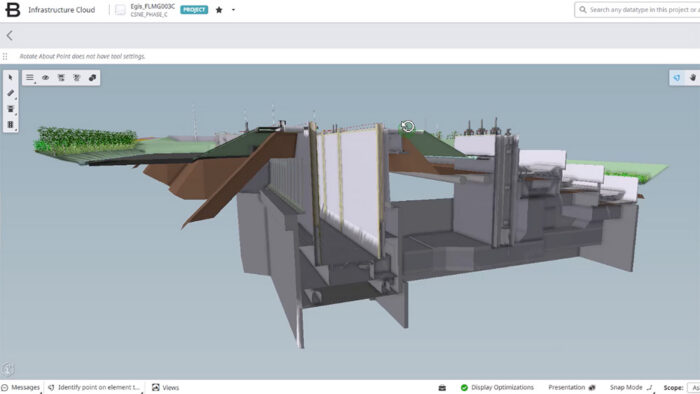 3D digital model of an infrastructure project showing a cross-sectional view of a bridge or canal lock with detailed structural elements.