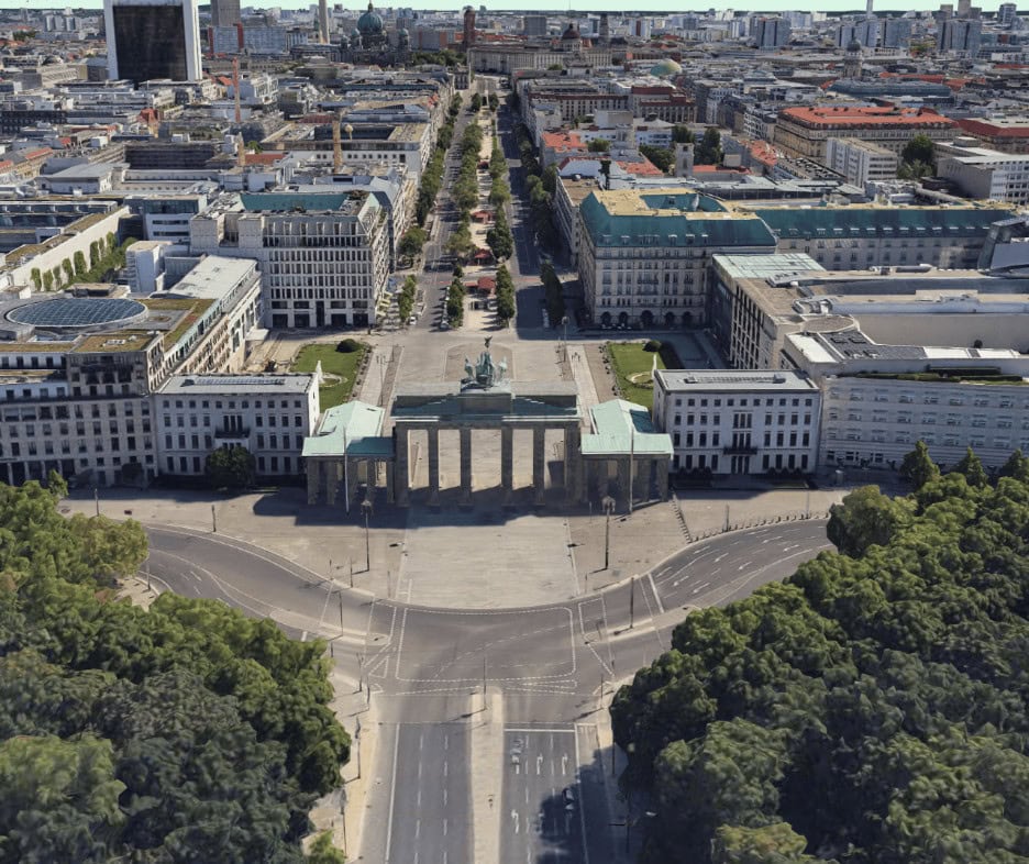 Experience a stunning 3D flythrough of the Brandenburg Gate in Berlin, Germany, surrounded by vibrant city buildings, roads, and lush trees.