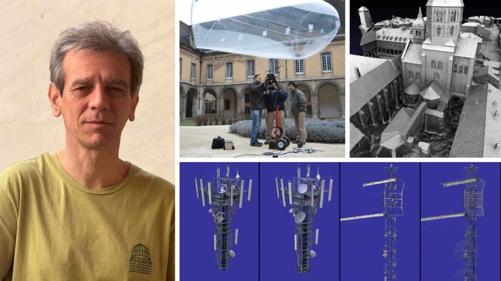 A man in a yellow shirt, a group operating a drone balloon, a 3D model of historic infrastructure, and digital renderings of a communications tower enhanced with Gaussian Splats.