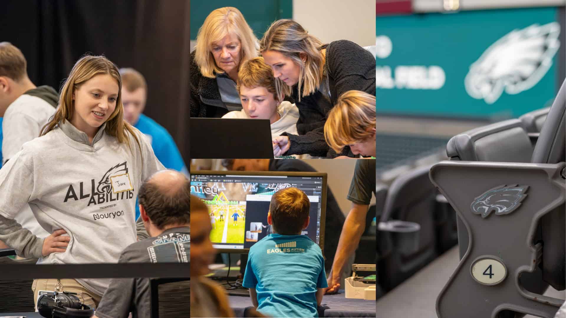 A collage featuring people at an event with computers, a woman in an ‘All Abilities’ shirt, children with adults at monitors, and a close-up of a stadium seat with the Philadelphia Eagles logo, highlighting inclusion and autism awareness.