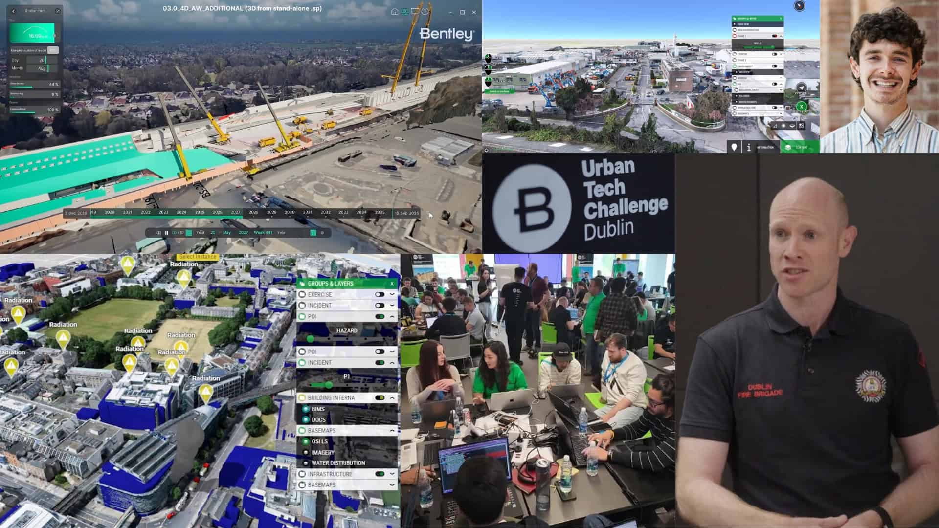 A collage featuring 3D city modeling software, event participants working at computers, and two individuals speaking to the camera. Urban Tech Challenge Dublin branding is visible, highlighting Bentley and NVIDIA&rsquo;s contributions to smart cities.