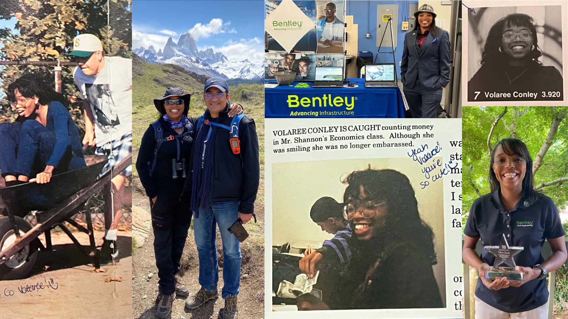 Collage of a Volaree Rendon at various life stages&mdash;childhood, hiking in mountains, standing at a booth, holding an award, in old photos, and a candid from calculus class&mdash;celebrating milestones as one of the superusers for Bentley Software.
