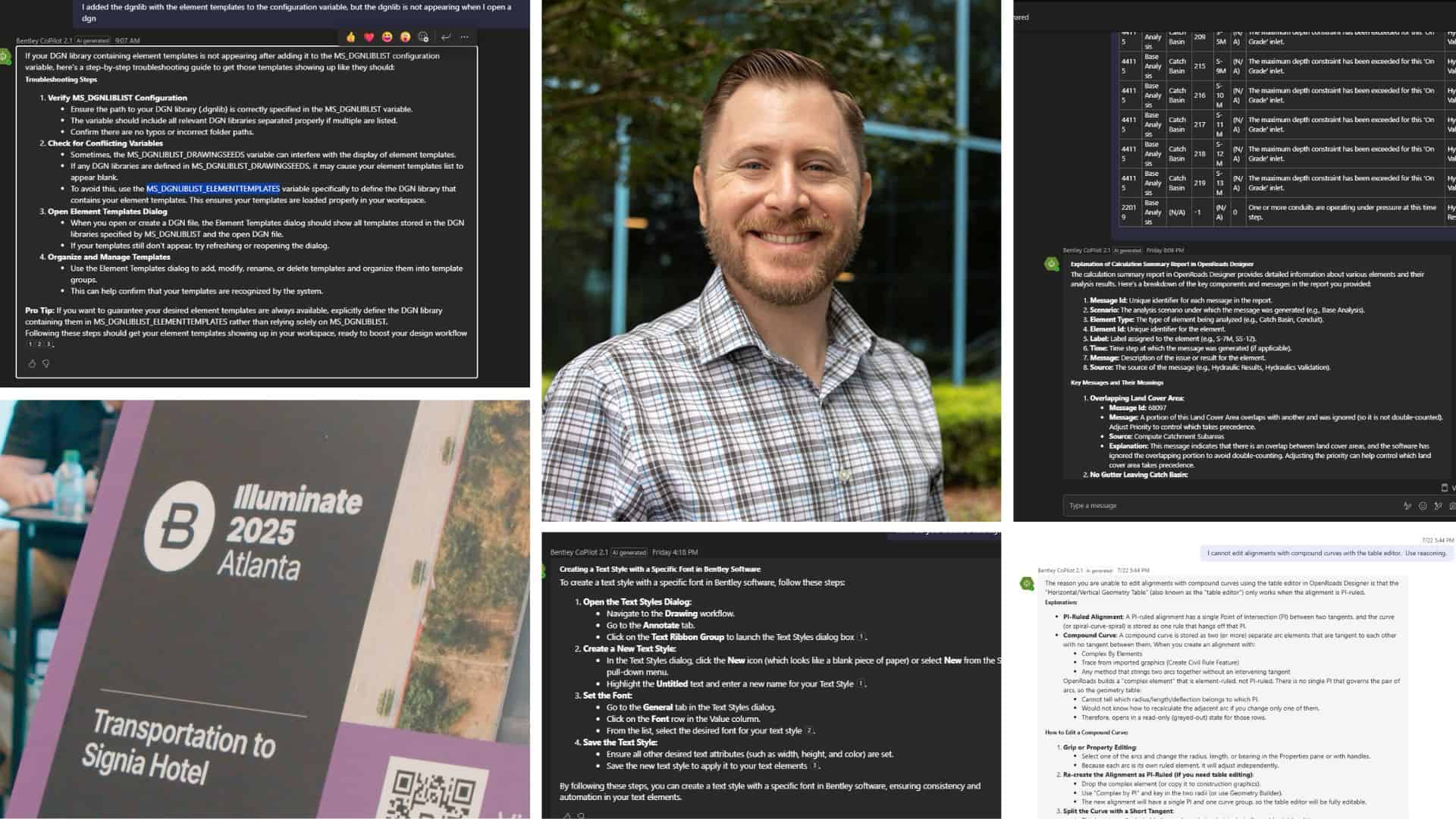 A collage features screenshots of Slack messages and a document, a man smiling outdoors, and a sign for Illuminate 2025 Atlanta with transport info to Signia Hotel.