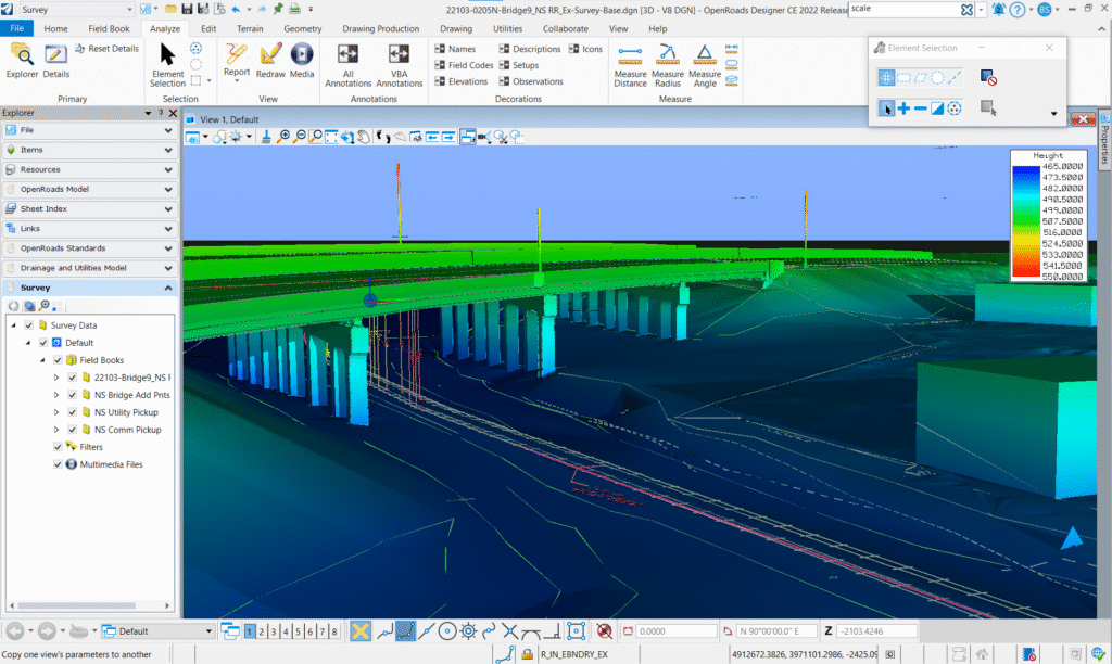 A 3D engineering software interface displays a digital model of a highway bridge with color-coded height data and structural details, leveraging Digital Twins technology for enhanced analysis.