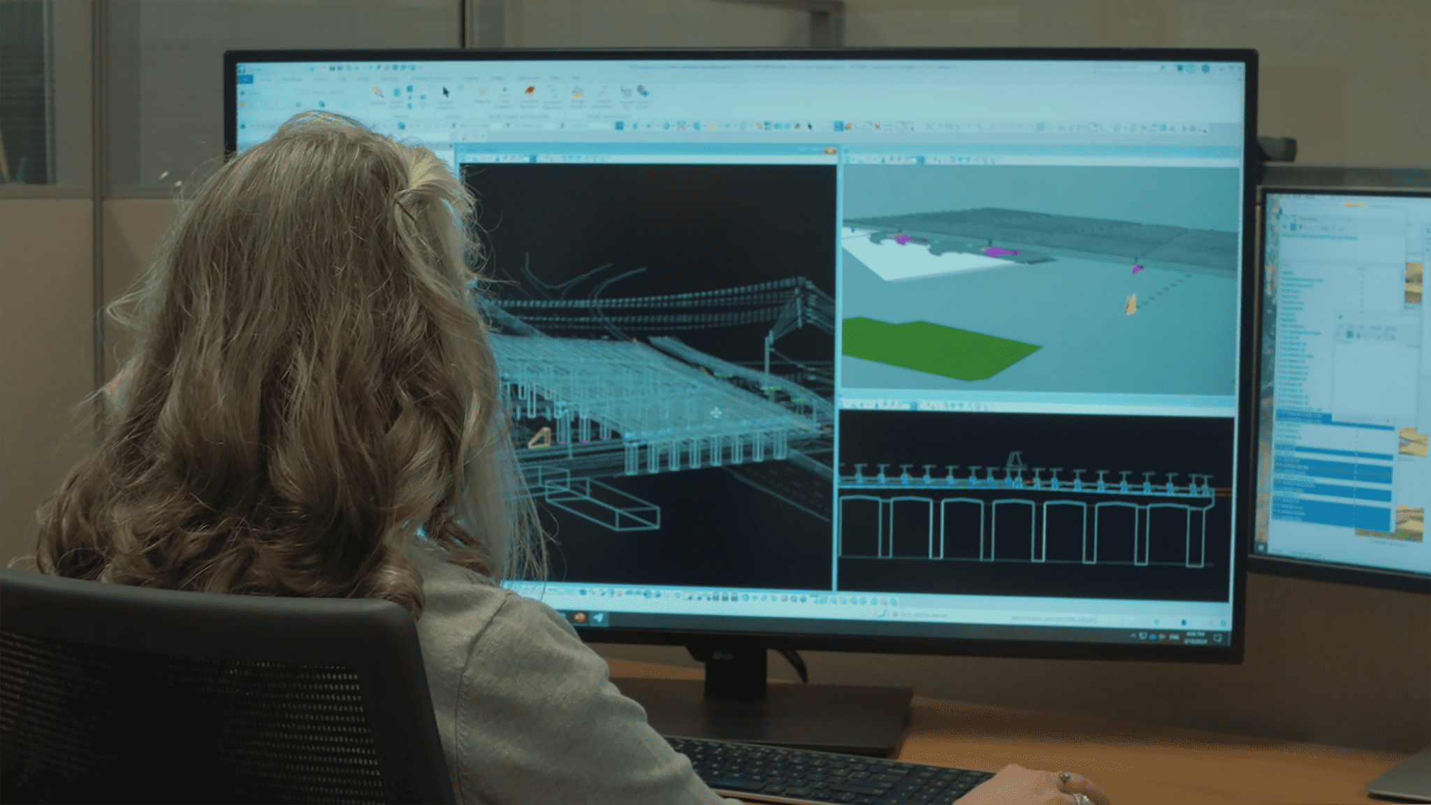 Person with long hair working on 3D architectural designs on a computer with multiple screens displaying structural diagrams.