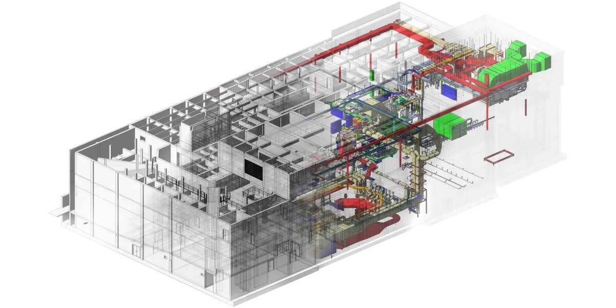 A 3D rendering of a building featuring various architectural elements and diverse objects surrounding it.