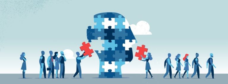 illustration of people assembling puzzle pieces forming a human head