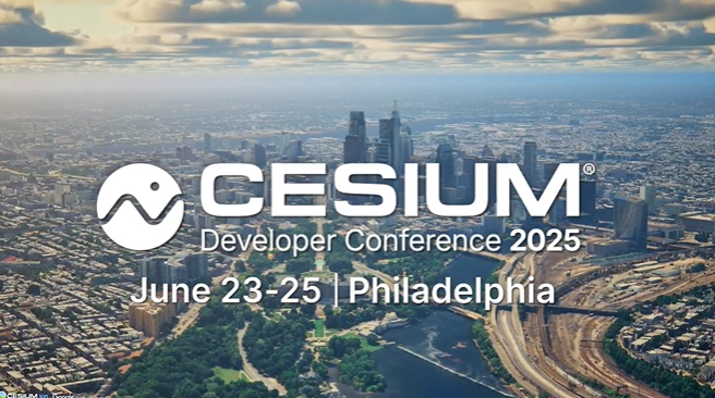 Aerial view of Philadelphia skyline with text overlay: Cesium Developer Conference 2025, June 23-25, Philadelphia.