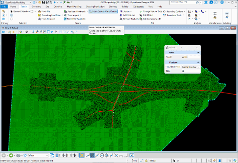 Screenshot of civil engineering design software showing a green map with red road alignments and data overlay windows.