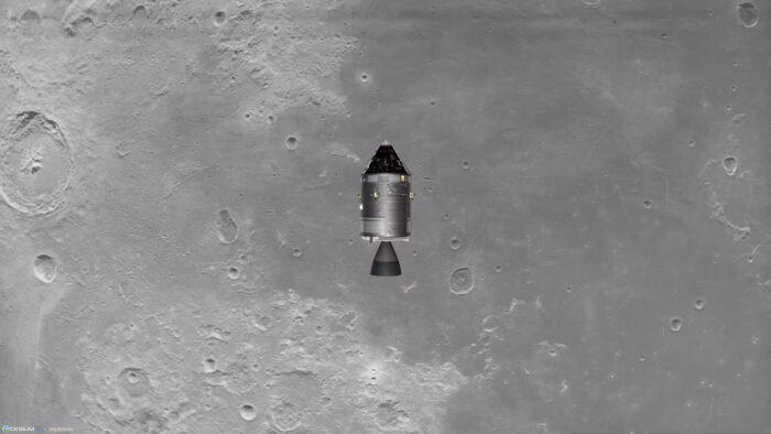 A spacecraft hovers above a gray, cratered lunar surface, with several circular craters visible in the background.