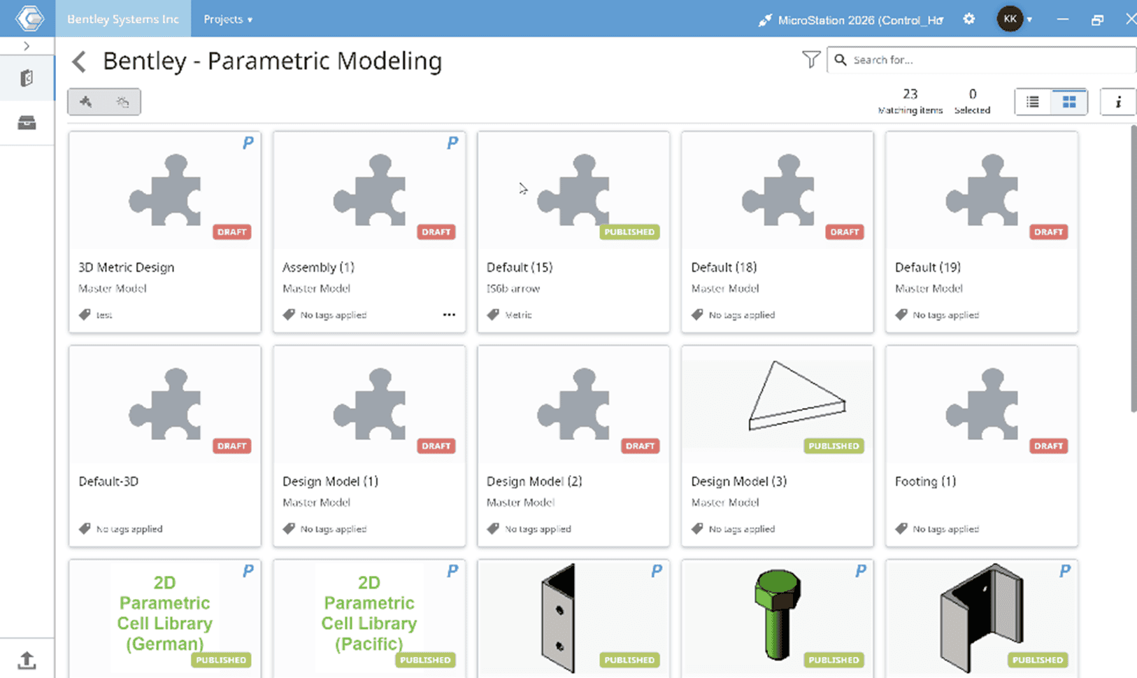 Screenshot of a CAD software interface displaying various parametric modeling components labeled 'Draft,' with icons like puzzle pieces, a triangle, and a cylinder&mdash;ideal for Infrastructure Engineering projects in MicroStation 2026.