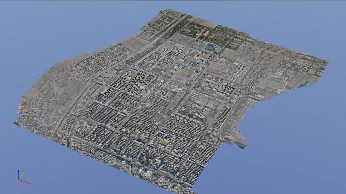 Aerial 3D rendering of an urban city layout in Northwest China, showcasing buildings, roads, and open land in a grid pattern from an angled top-down perspective, highlighting digital innovation in smart flood control.