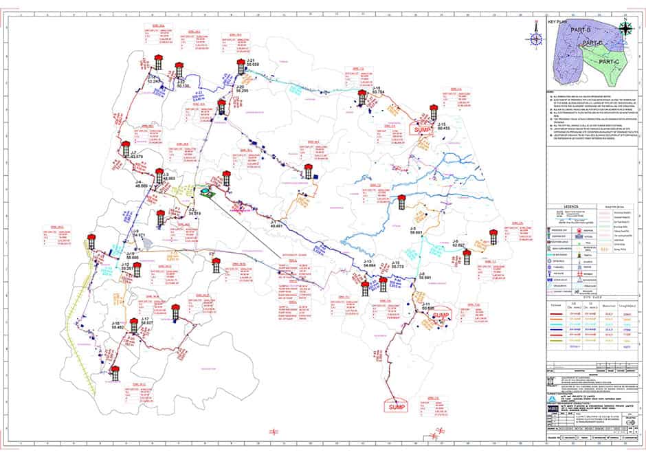 Map showing an electrical power grid layout with substations, transmission lines, and technical annotations across a defined geographic area. Legend and notes appear on the right side.