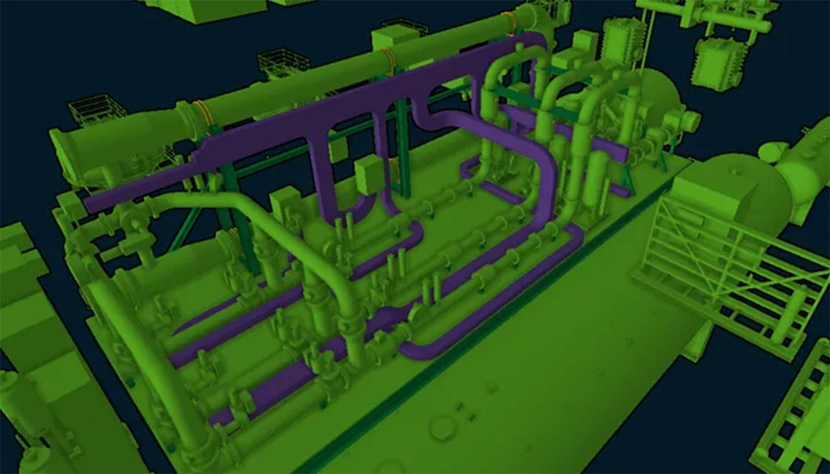 3D model of an industrial piping system with green and purple pipes, valves, and equipment shown from an elevated angle.