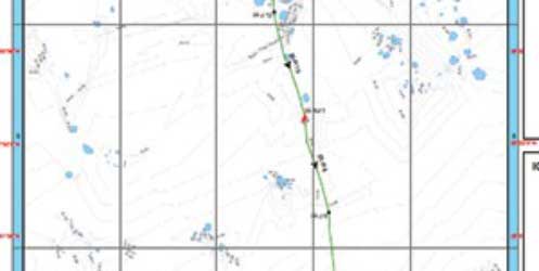 Section of a topographic map showing a green line path running vertically, with minor contour lines and scattered small blue water features&mdash;ideal for exploring water system optimization and hydraulic digital twins applications.