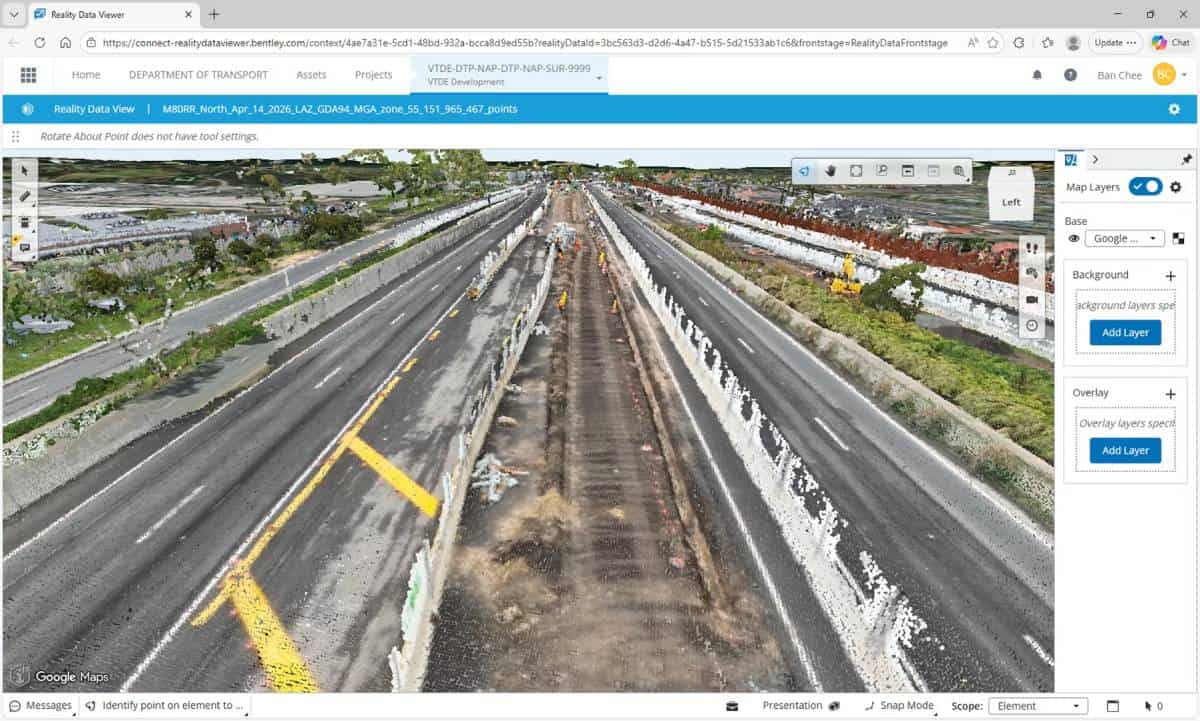 A digital 3D point cloud model of a multi-lane highway under construction is displayed in a roadway design software interface, enabling advanced data management for accurate transport reality visualization.
