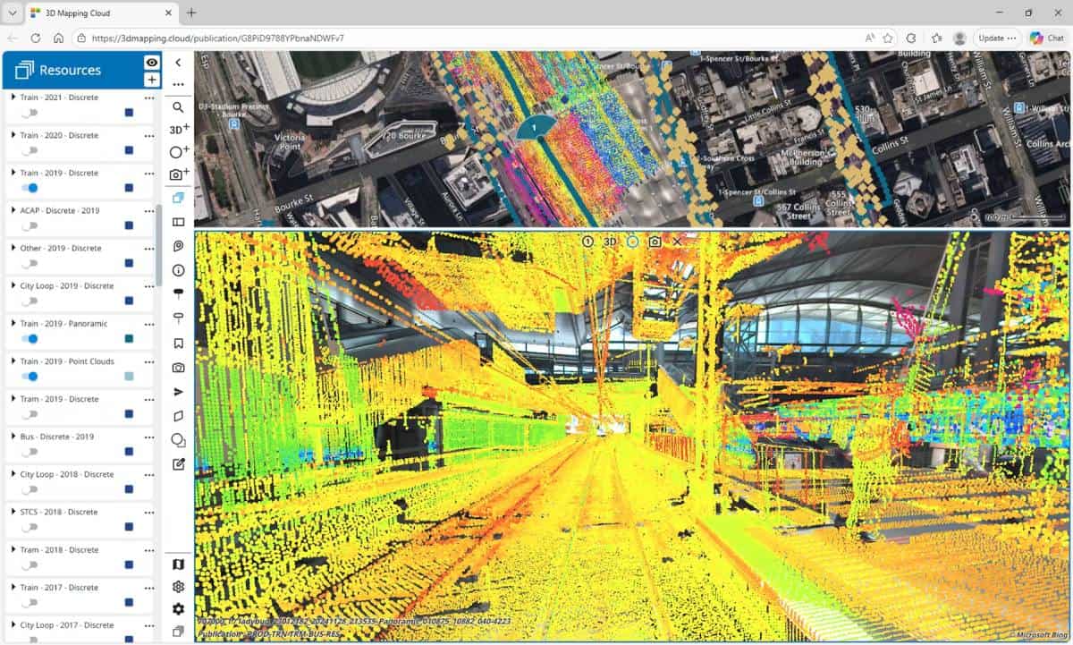 A split screen displays an aerial city map with colored data points, while below, a 3D interior point cloud scan showcases multicolored dots—perfect for transport reality data management. Mapping tools are visible on the left sidebar.