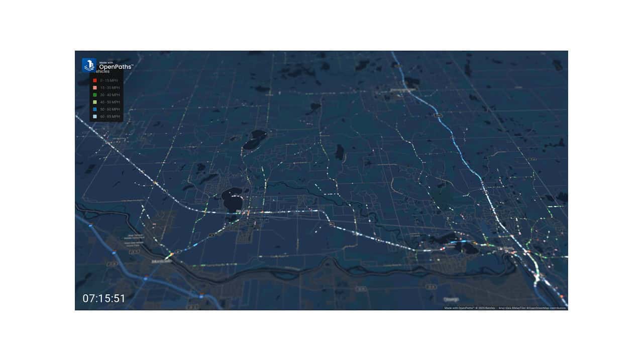 A digital map displays a network of routes with color-coded paths, time marker 07:15:51, and an OpenPaths logo in the top left corner.