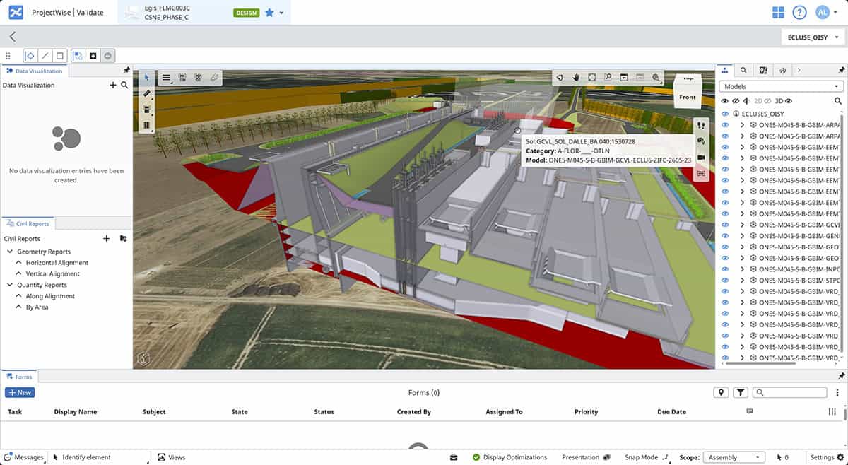 3D architectural design software interface displaying a digital model of an infrastructure project with labeled structural elements, sustainability features, and various navigation menus.