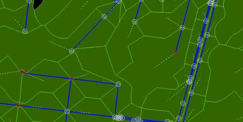 A digital map showing green land areas with blue lines, white numbered circles, red markers, and dashed boundaries overlaying a grid-like pattern&mdash;ideal for water system optimization and hydraulic digital twins.