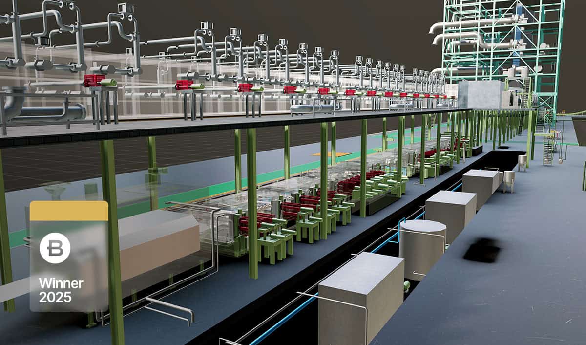 Digital rendering of an industrial facility with pipelines, storage tanks, and machinery by AVS ENGINEERS; a B Winner 2025 badge is visible in the lower left corner.
