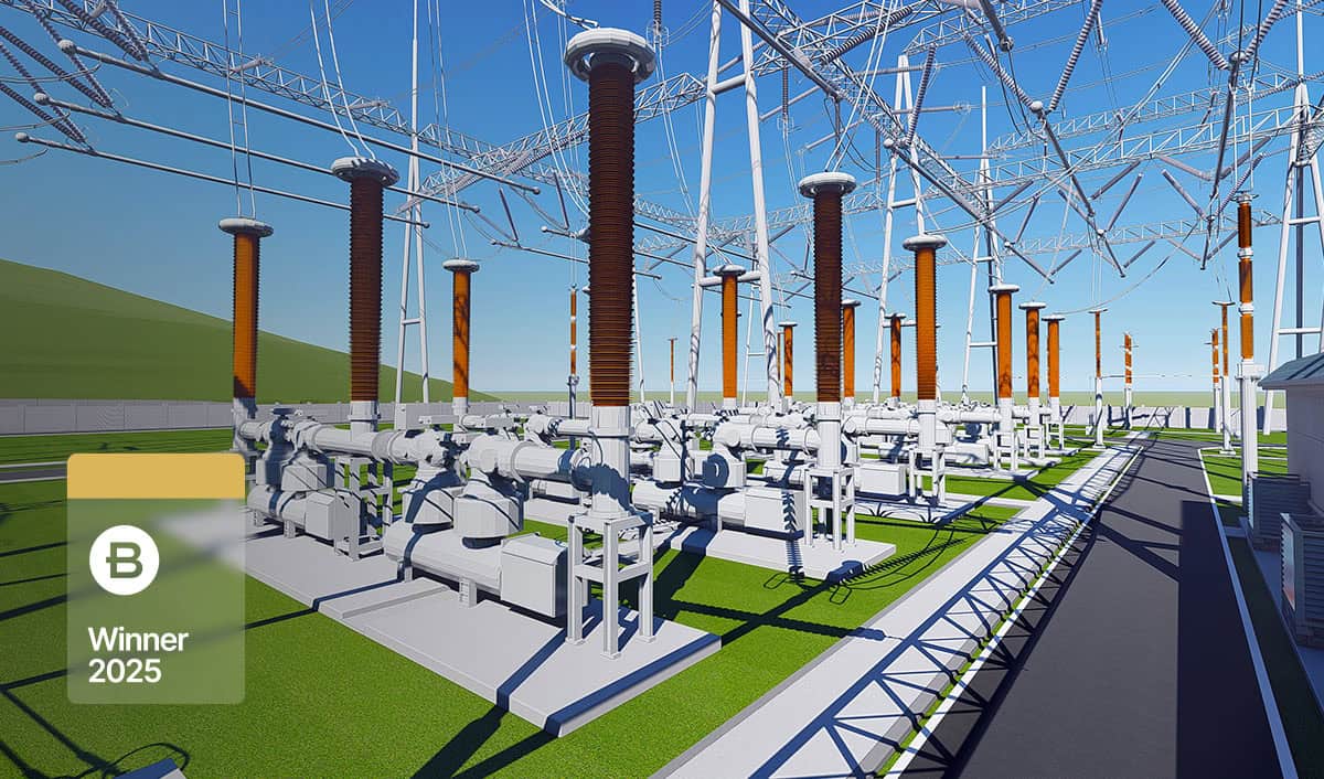 A modern electrical substation with high-voltage equipment and overhead wires, featuring a Winner 2025 badge in the foreground, highlights grid innovation from the Guangxi Electric Power Design Institute of China Energy Engineering.