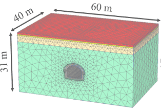 Model featuring a hole and measurements, representing a PLAXIS 3D model for engineering analysis.