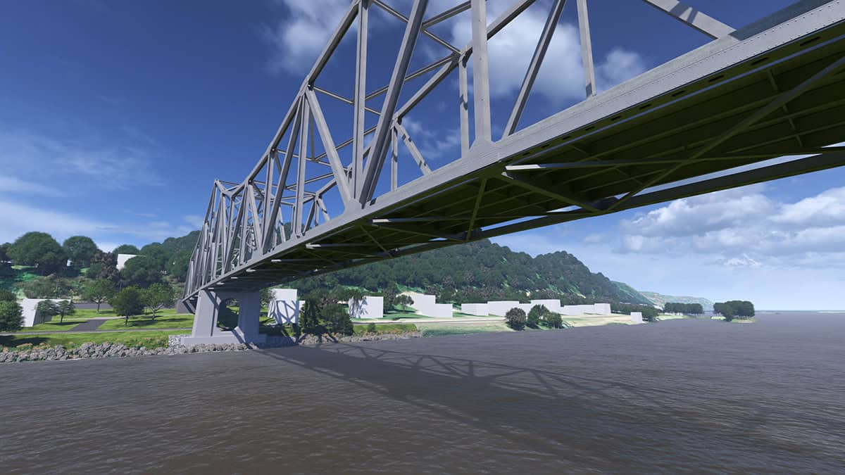 A large steel truss bridge, featuring innovative bridge design, spans a wide river, with green hills and trees on both banks under a partly cloudy sky.
