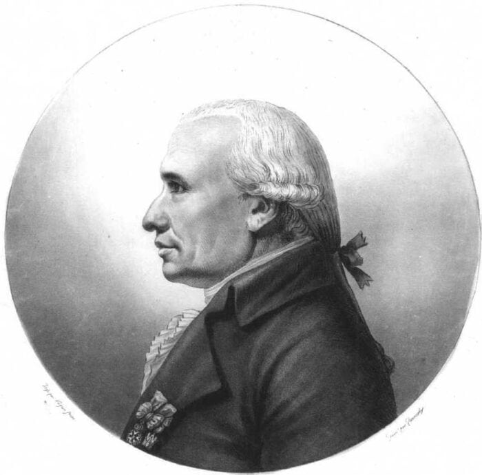 Monochrome profile portrait of an older man with long hair tied at the back, wearing formal 18th-century attire.