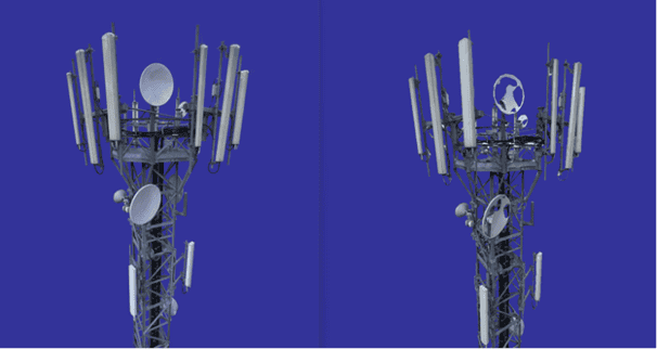 Two cell towers with multiple antennas and satellite dishes are shown against a solid blue background.