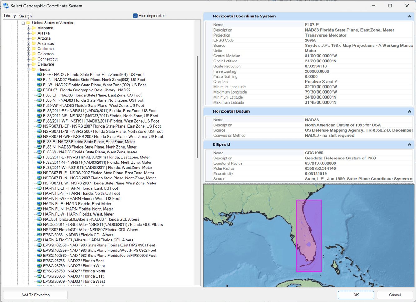 A software window displays a list of geographic coordinate systems on the left and details about the selected FL83 geographic system with a highlighted Florida map on the right, supporting workflows in Infrastructure Engineering and CAD with MicroStation 2026.