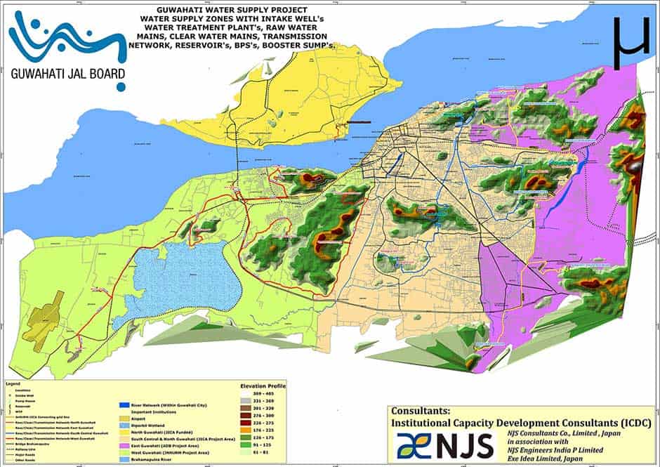 Map of Guwahati Water Supply Project showing water supply zones, infrastructure, elevation, roads, rivers, and consultants involved, with a color-coded legend for reference.