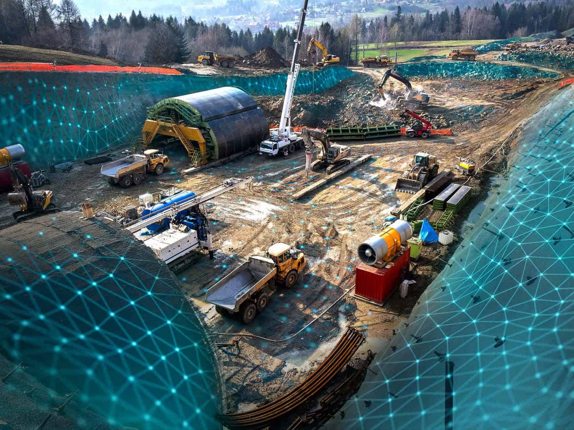 Active construction site with heavy machinery and ongoing excavation work.
