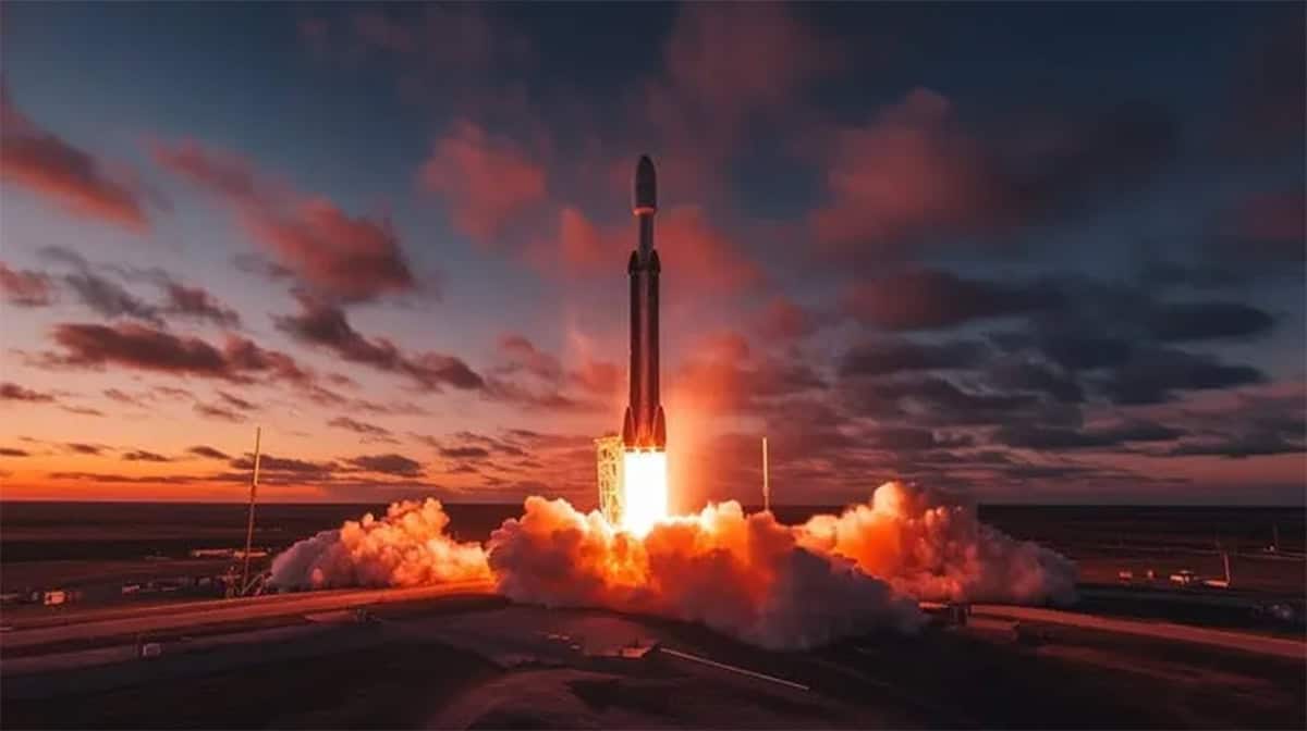 A rocket launches into the sky at sunset, with bright flames and smoke billowing from the launch pad.