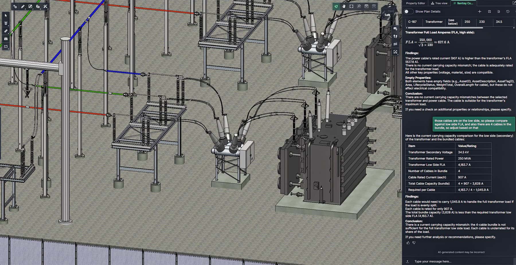 3D model of an electrical substation showing transformers, circuit breakers, wiring, and support structures, with equipment specifications displayed in a sidebar on the right.