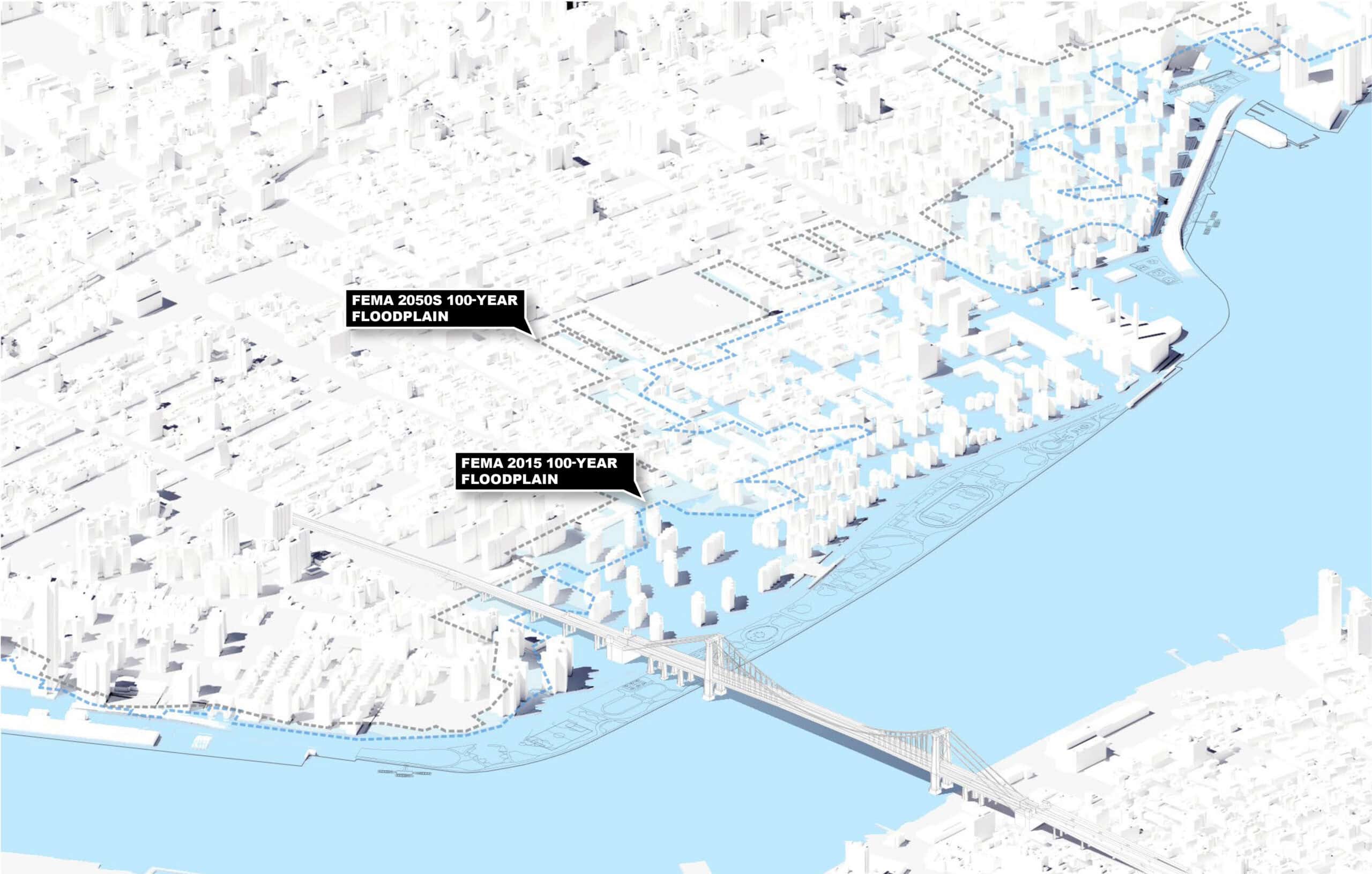 A 3D map shows Lower Manhattan with highlighted areas indicating the FEMA 2006 and FEMA 2015 100-year floodplain boundaries near the river and bridge.