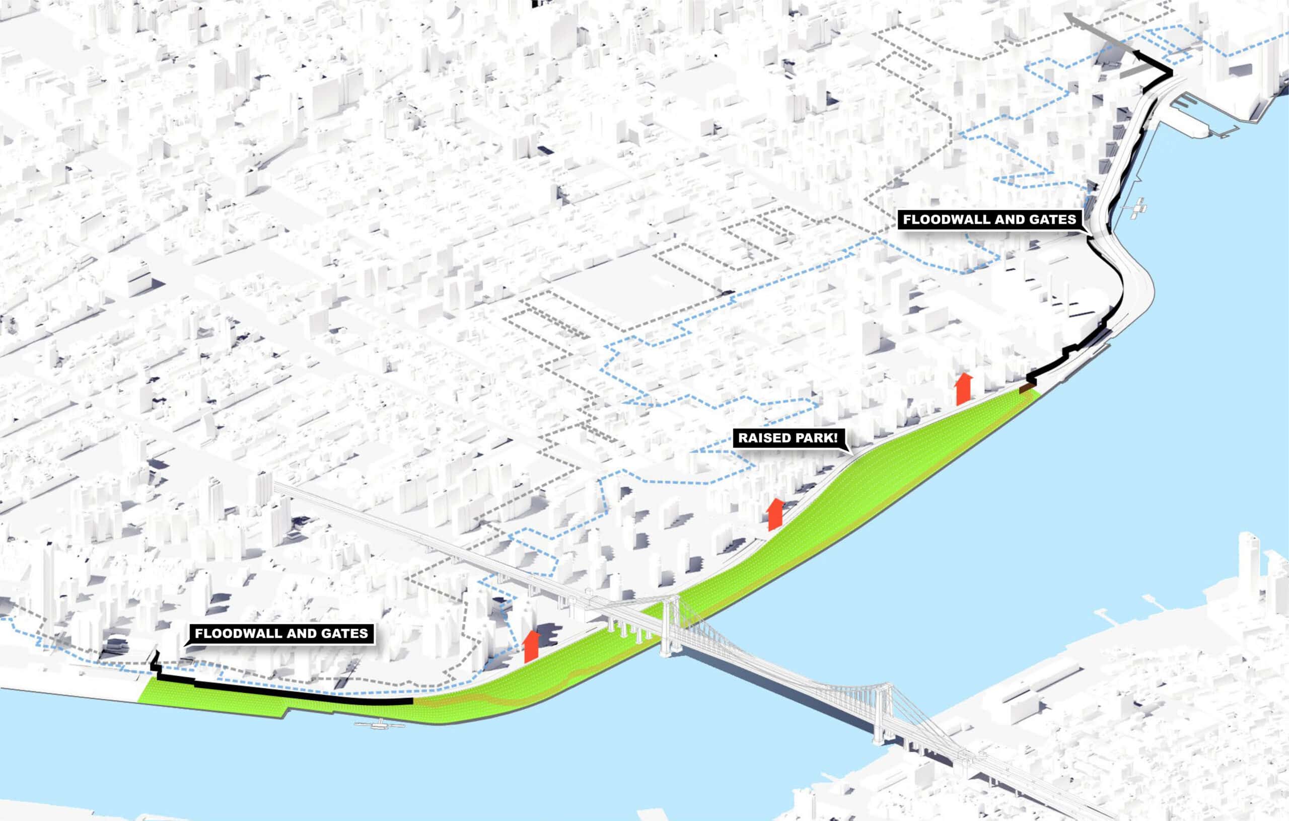 Aerial map illustration showing floodwalls, gates, and a raised park along a riverfront, with labels marking their locations near bridges and waterfront areas.