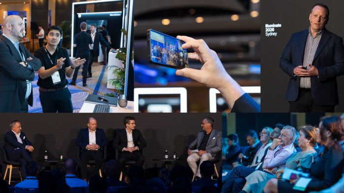 A collage of business professionals at a conference, including panel discussions, a man giving a presentation, and an attendee filming with a smartphone.