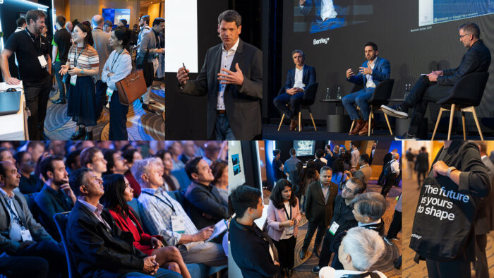 A collage of conference scenes featuring speakers on stage, attendees networking, and people listening in an audience. One person holds a bag reading, The future is yours to shape.