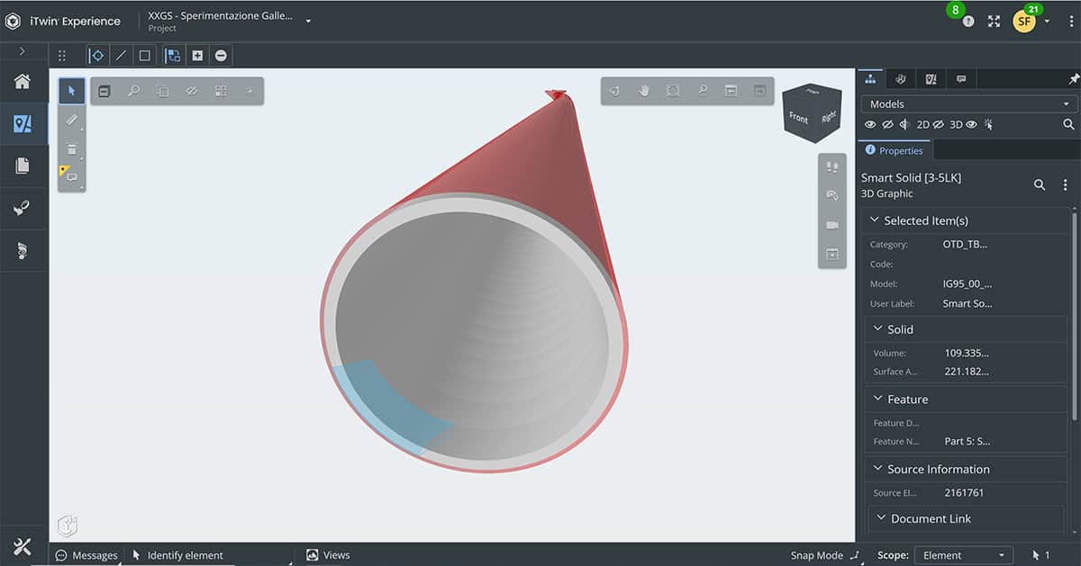 A 3D modeling software interface displays a conical object with highlighted blue and gray sections, accompanied by property details on the right sidebar—showcasing work recognized as a YII Winner in collaboration with Italferr S.p.A.