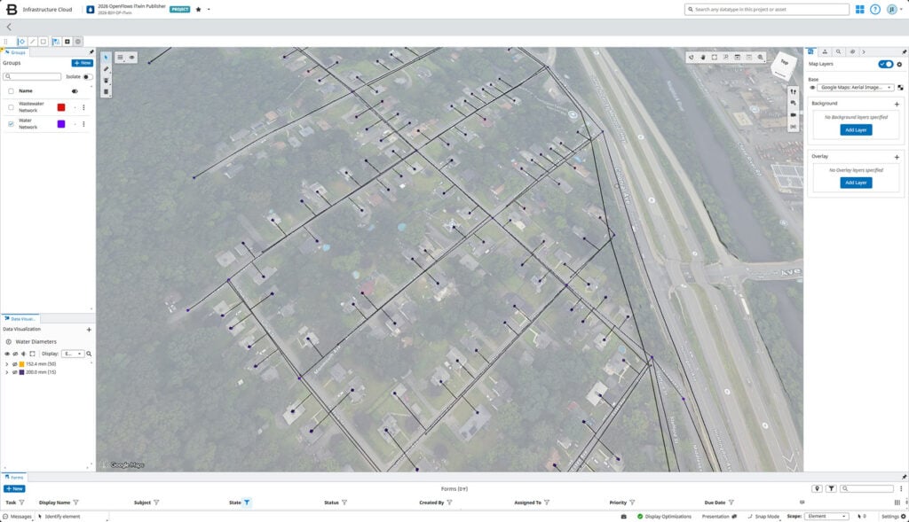 Aerial map view of a residential neighborhood with overlaid black lines, icons, and a highway to the right; OpenFlows 2026 software interface and map editing tools are visible.