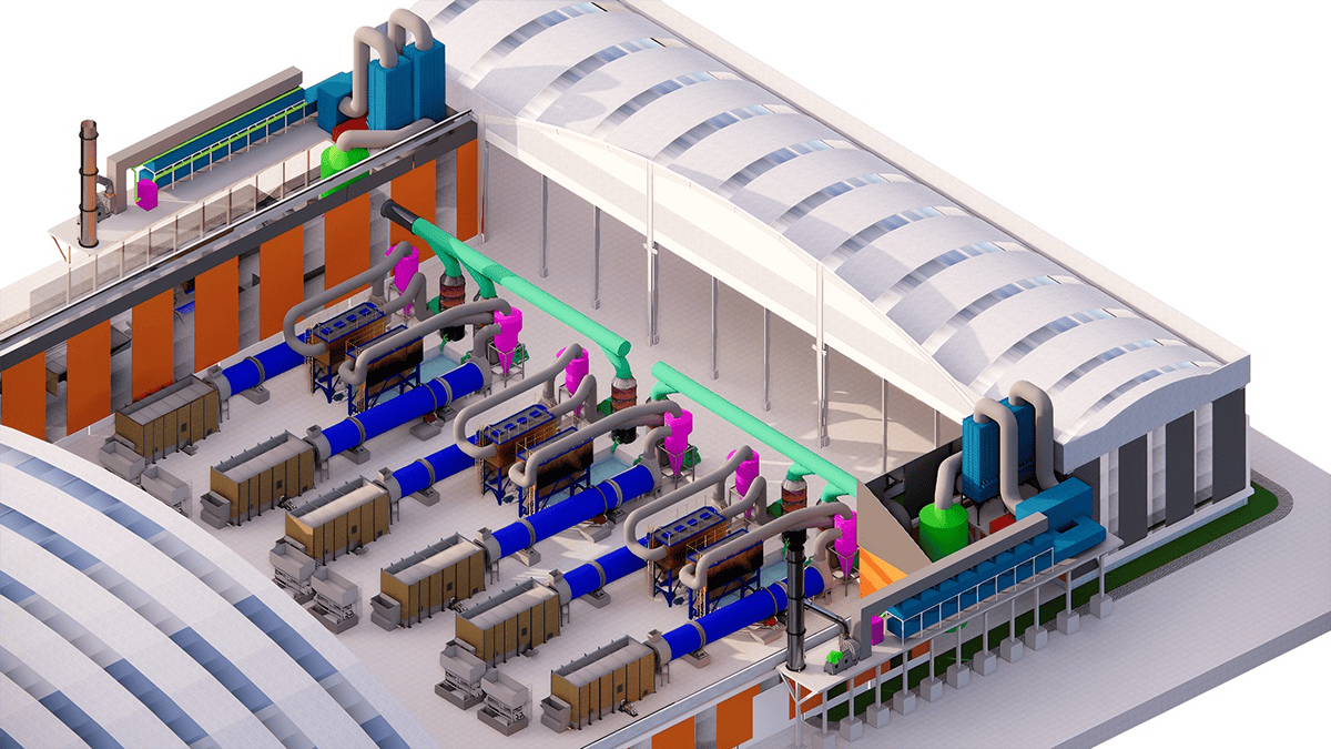 Isometric illustration of an industrial facility interior, such as a PT Wijaya Karya YII Project, showing large machines and pipes for refuse-derived fuel processing under a curved roof.