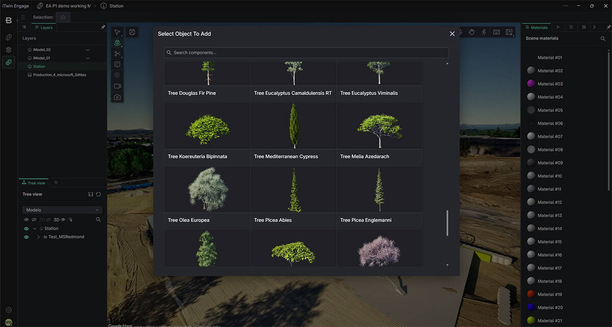A software interface shows a panel for selecting different 3D tree models to add to a scene, with tree thumbnails and names displayed in a grid—ideal for visualizing environments in water hydraulics modeling projects.