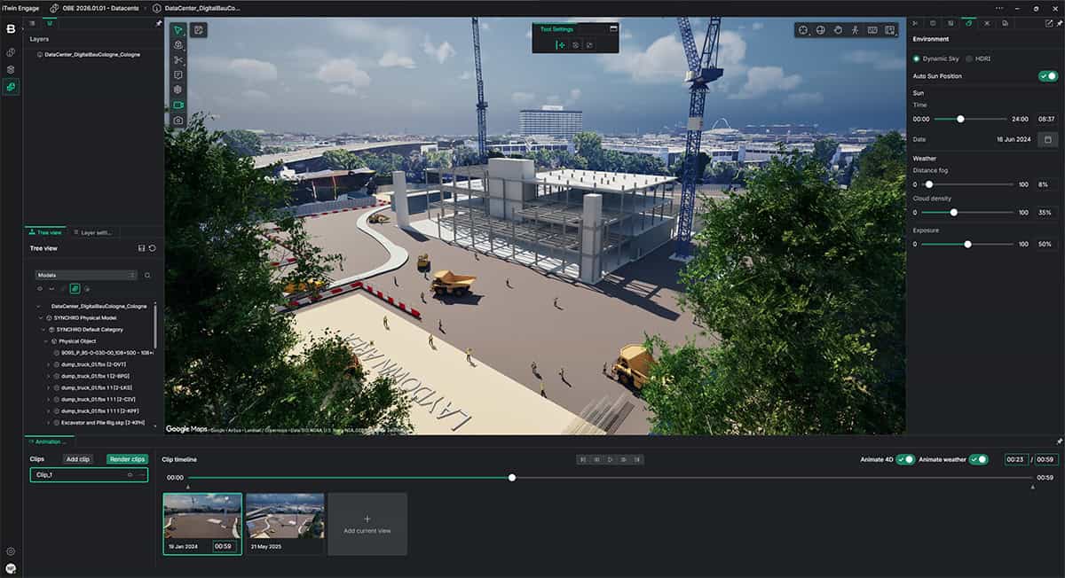 A computer interface displays a 3D architectural model of a construction site with cranes, vehicles, and partially built structures, surrounded by trees and cityscape—showcasing advanced visualization solutions for overcoming design challenges.