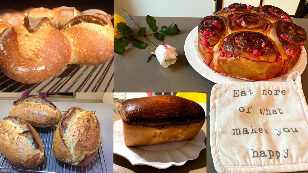 A collage of various baked breads and rolls, a single rose with petals, and a cloth with the text Eat more of what makes you happy.