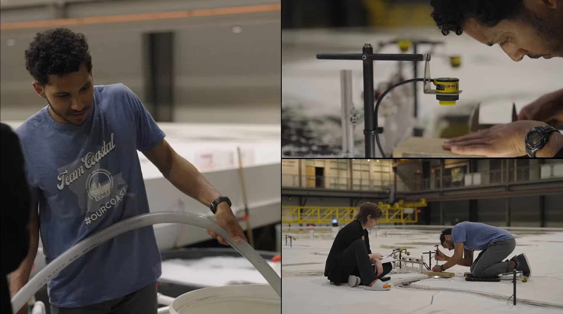 People working in a workshop assembling materials. One person holds a tube; two others focus on a project, with one measuring and another adjusting a component.