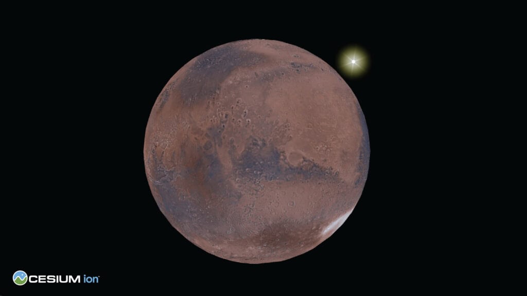 A digital rendering of Cesium Mars with detailed surface features, set against a black background. A bright star shines near the planet's top right edge, and the Cesium ion logo appears in the bottom left corner.